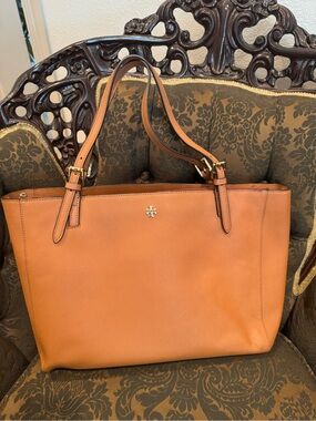 Tory Burch Cognac Leather Tote with Gold Logo